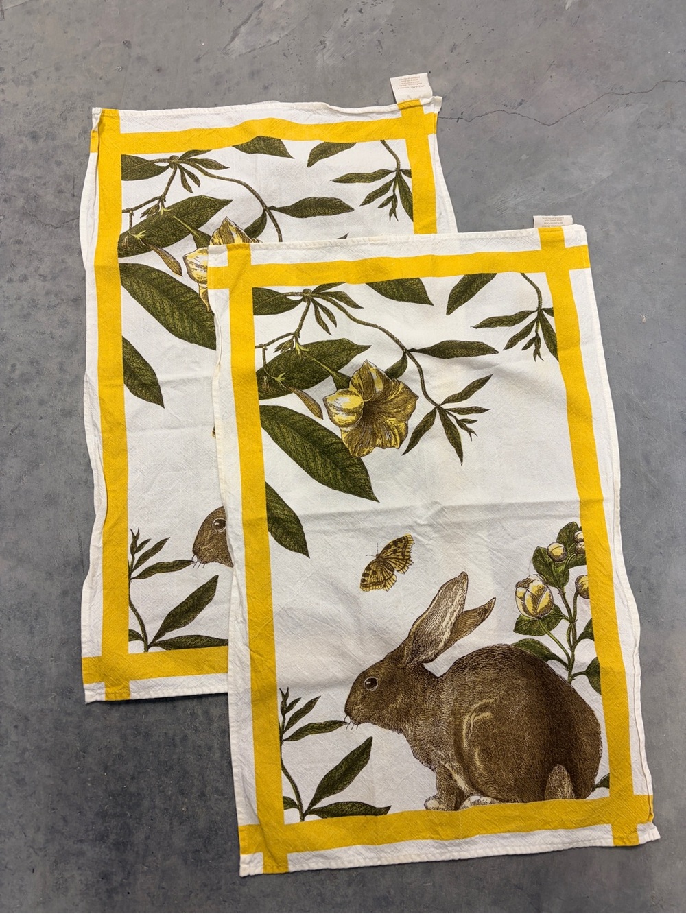 Yellow-Trim Botanical Rabbit Tea Towels - Set of 2